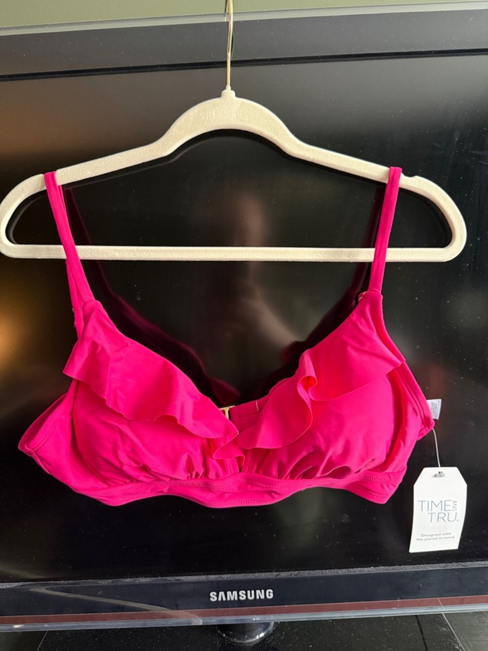Time and Tru Bright Pink Ruffle bathing suit top